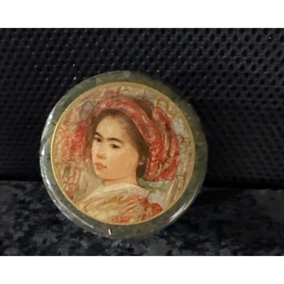 Vintage Green Marble Trinket Box With Painted Portrait Lid Small Round Stone Con - Picture 4 of 7